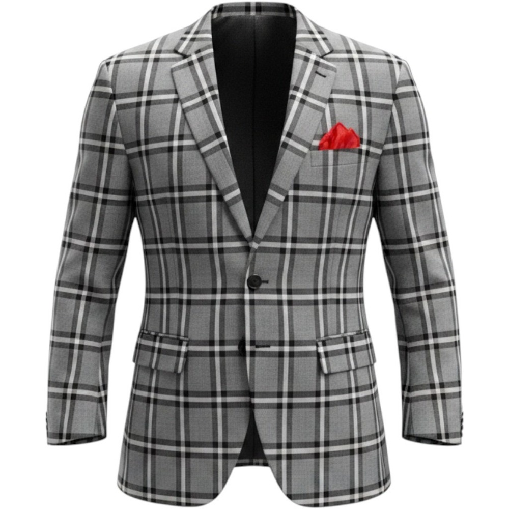(CL) Bocaccio Uomo Mens Grey Black Plaid Blazer Sport Coat‎ 48R w/ Pocket Square